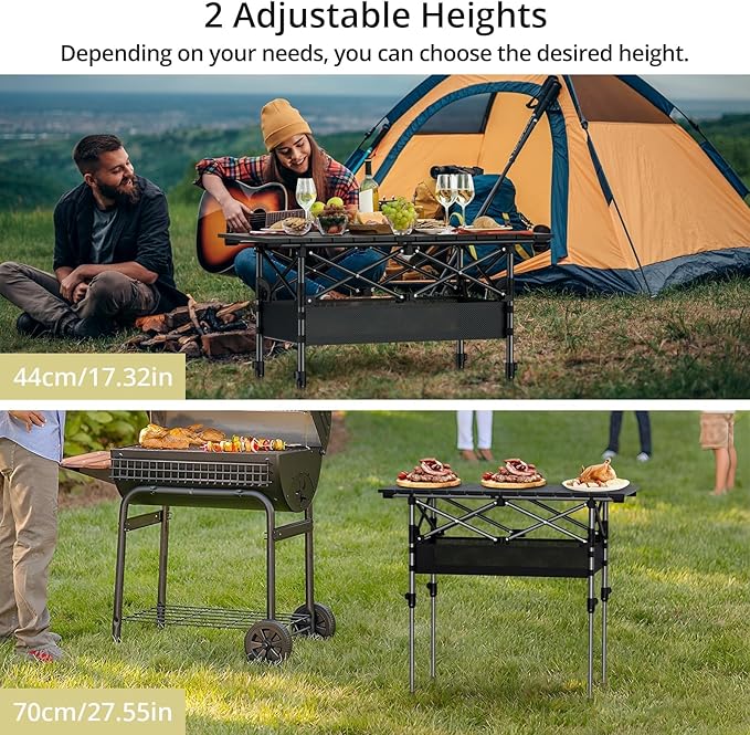 Anbte 3ft Aluminum Roll Top Camping Table Max 27.5 2 Adjustable Height Folding Camping Table Waterproof with Storage Net and Bag for BBQ Picnic Tailgating Backyard RV Travel 32.2” x 16” Pure Black