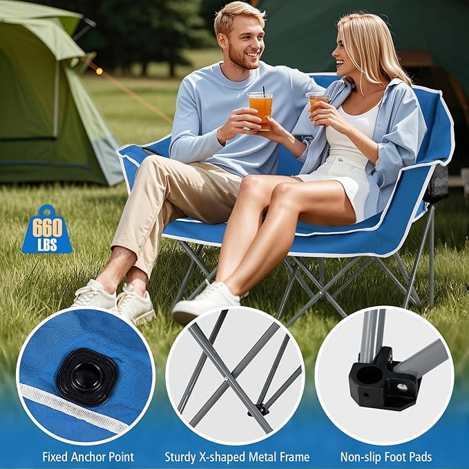 Goplus Double Camping Chair Folding 2-Person Couch w/2 Cup Holders Dual Back Pockets Heavy-Duty Metal Frame Oversized Duo Lawn Chair for Adults Perfect for Backyard Patio(Blue)