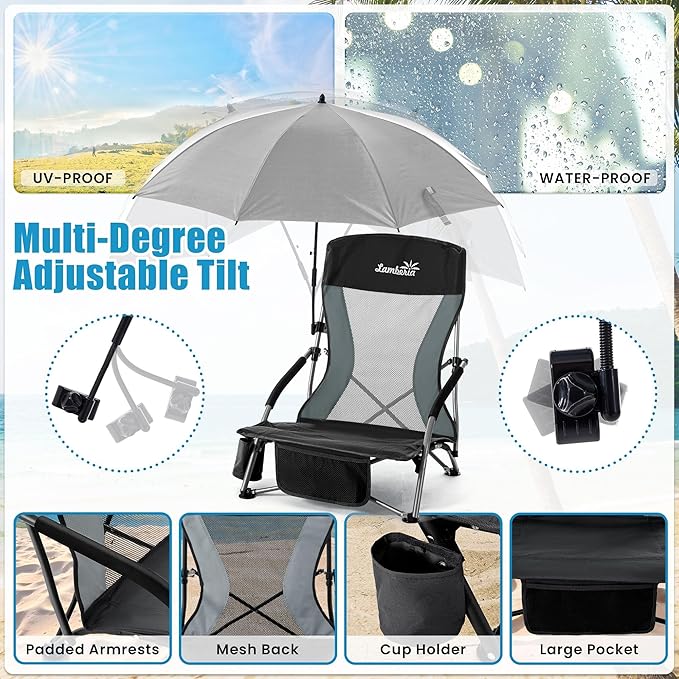 Folding Beach Chair with Umbrella for Adults 2 Pack Portable Low Beach Chairs with 300lbs Capacity Lightweight Fodable Camping Chair for Travel Picnic Concert &amp Outdoor Activities Black-Grey