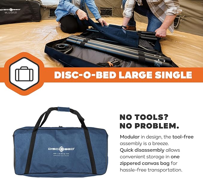 Disc-O-Bed Large Outdoor Modular 1 Person Single Camping Cot Portable Bed for Adults Sleep Solution for Tents Navy