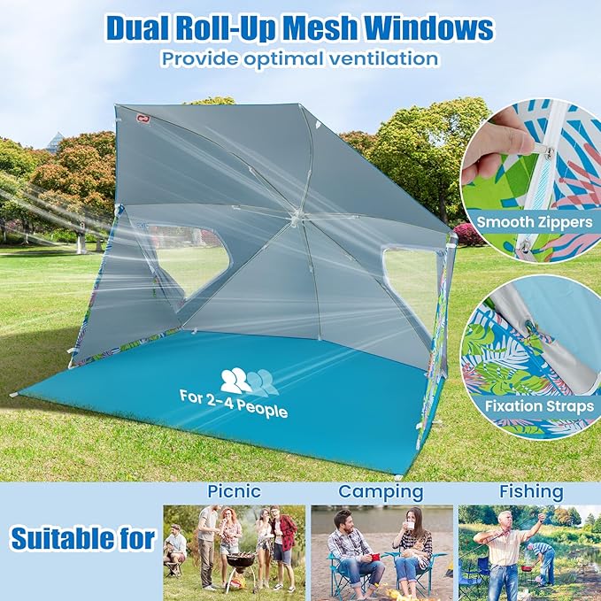 Goplus Convertible Beach Tent for 2-4 People 2-in-1 Sun Umbrella with Roll-Up Windows Dual Side Flaps Groundsheet &amp Carry Bag UPF 50+ Beach Shade Shelter for Camping Picnic &amp Sports Event