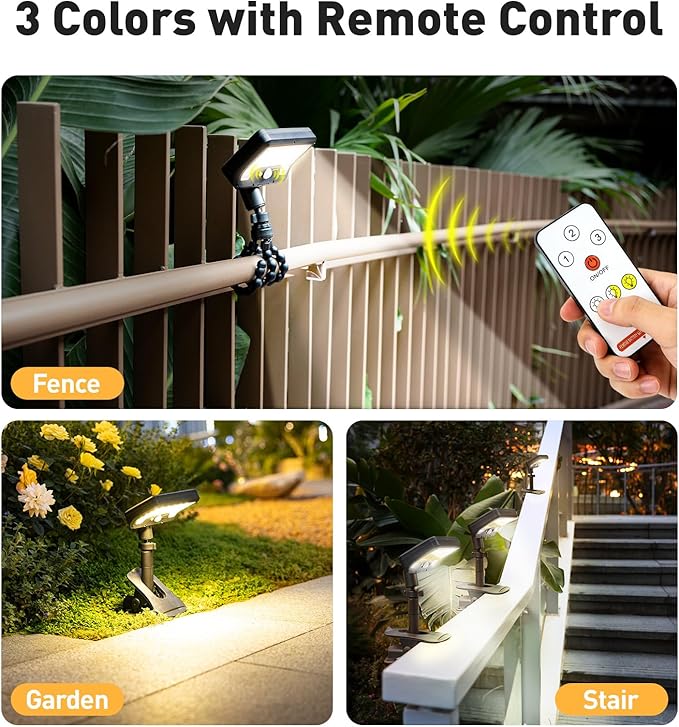 2 Pack Clip On Solar Lights Outdoor with Octopus Tripod 3 Color Temps &amp Remote Control Motion Sensor Fence Lights Solar Powered IP65 Waterproof Security Light for Outside Deck Gutter Camping