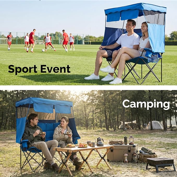 VINGLI Oversize Double Camping Chair with CanopyBeach Chair with Canopy Shade Portable Camping Loveseat with 2 Storage Bags for Outdoor Soccer Sport Events Beach or Camping