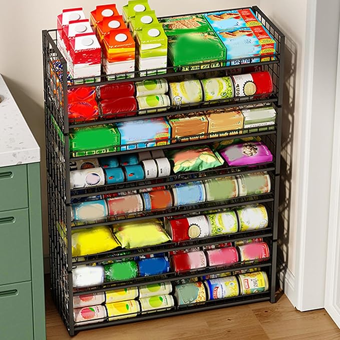 2 Tier Stackable Can Organizer Made of Carbon Steel Holds 64 Cans Adjustable Inclined Shelf with Double Layer Design for Storage