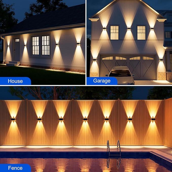 16 Pack Solar Up and Down Fence Lights Outdoor Decorative Wall Mount LED Waterproof Yard Lamps for Outside Deck Patio Porch House Backyard Garden Powerful Illumination for Safe Night(Warm White)