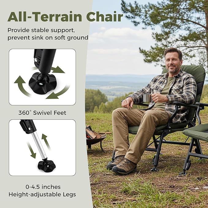 Goplus Oversized Foldable Fishing Chair for Adults Heavy Duty All-Terrain Camping Chair with Padded High-Back Armrest Adjustable Feet Portable Recliner for Outdoor Patio Beach Garden