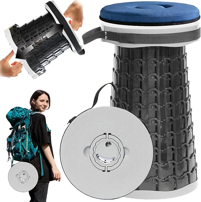 2026 Upgraded XXL Collapsible Stool with Thick Cushion19.7H-11.8D Telescoping Folding Stool for Adults More Sturdy Camping Stools with Load Capacity 1000lbs for OutdoorGardenFishingHiking