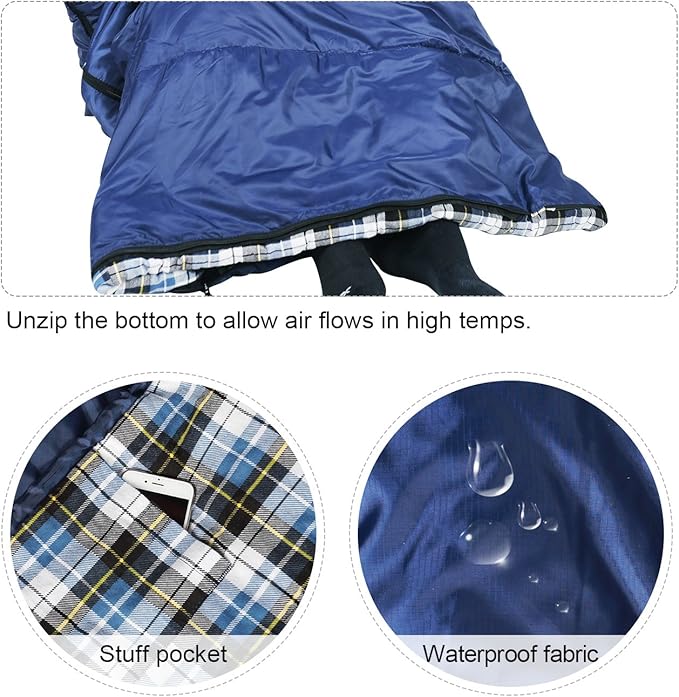 REDCAMP Flannel Sleeping Bag for Adults Comfortable Cotton Sleeping Bags for Camping with Detachable Hood Red/Grey/Blue/Black