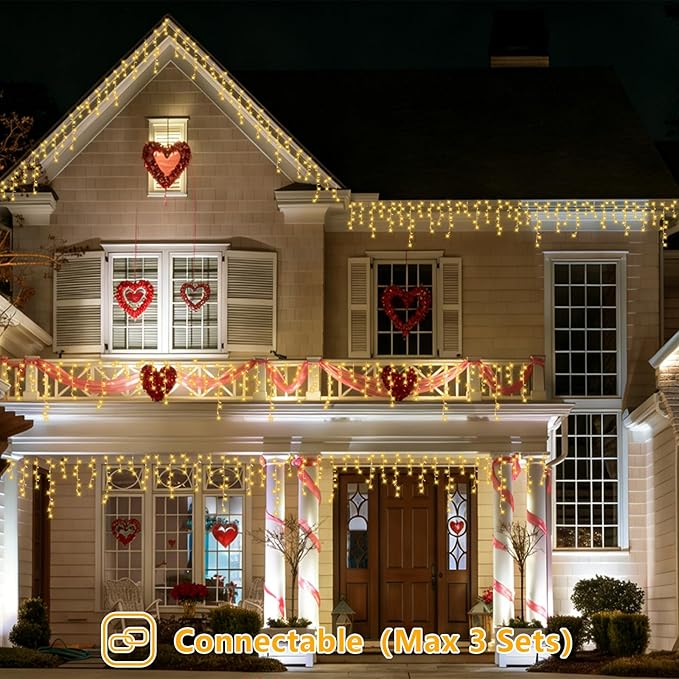 YEGUO 66ft 800 LED Icicle Lights Outdoor 160 Drops Icicle Christmas Light Connectable 8 Modes Warm White Xmas Icicle Lights with Memory Timer
