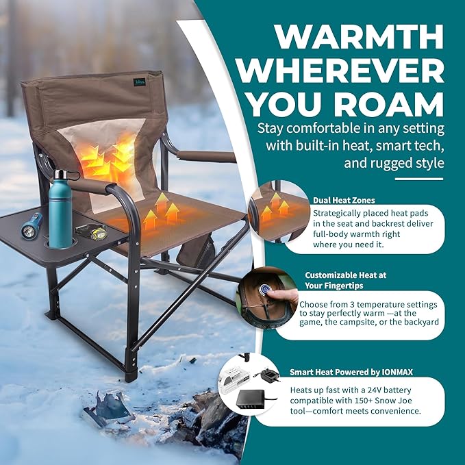 Bliss Hammocks 24 Volt Heated Directors Seat with 3 Heat Settings Folding Portable 21 Inch Wide Steel Frame Camping Chair - Battery Included Brown