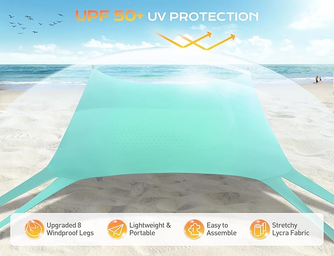 Rengue Beach Tent Beach Canopy UPF50+ UV Protection 10x10ft Beach Shade Sun Shelter with 8 Sandbags Sand Shovels Ground Peg Stability Poles for Camping Fishing Picnic Backyard Fun Light Green