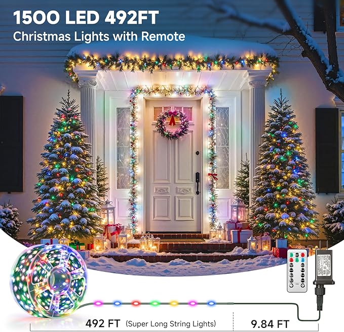Mlambert 1500 LED Christmas Lights 492FT Outdoor Waterproof Dimmable Fairy Lights with Remote 8 Modes Indoor Lighting for Holiday Décor Multicolor