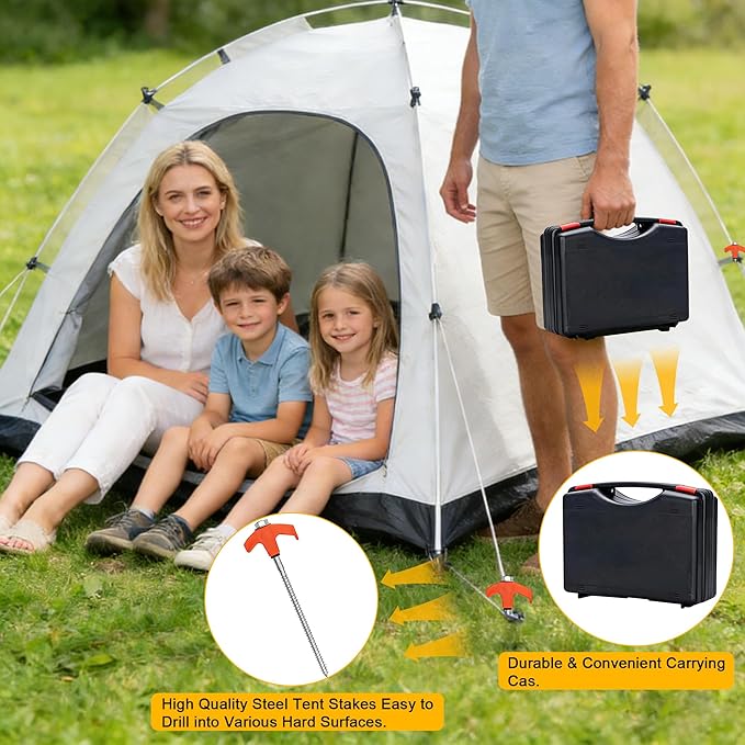 22 Packs Heavy Duty Screw-in Tent Stakes Kit Orange 8 Inch Ground Anchors Camping Stakes Metal Tent Pegs with Hex Socket T Pull Hook &amp Storage Case