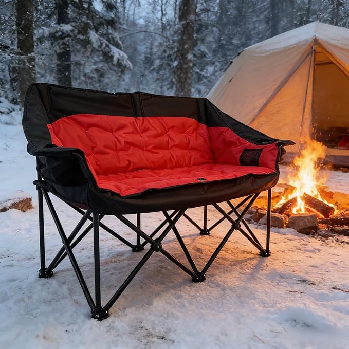 QUYUAN Double Seater Camping Chair Padded Loveseat Chair for 2 Person Oversized Heavy Duty Folding Camp Chairs Camping Couch for Tailgating RV Travel Beach Days Outdoor Sofa (Black &amp Red)