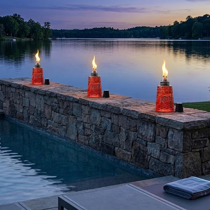 Seraphic Citronella Table Top Torches for Outdoor Patio 16oz Decorative Glass Torch Citronella Candles for Outside Deck Garden Parties Set of 3 Red