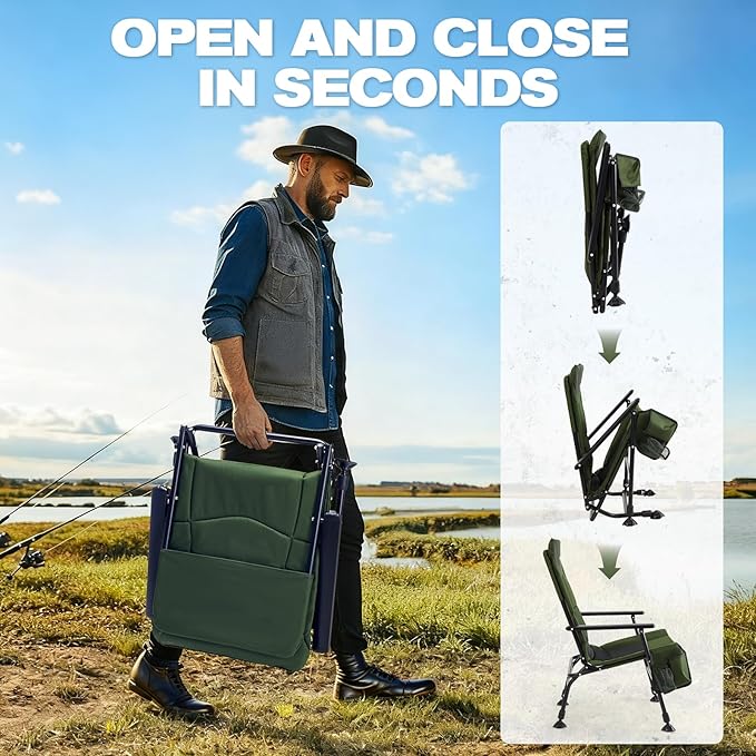 X Strike Oversized Folding Fishing Chair with Rod Holder Heavy Duty 350LBS Feet Adjustable Padded Camping Chair with Cup Holder Side Pocket Hard Armrest