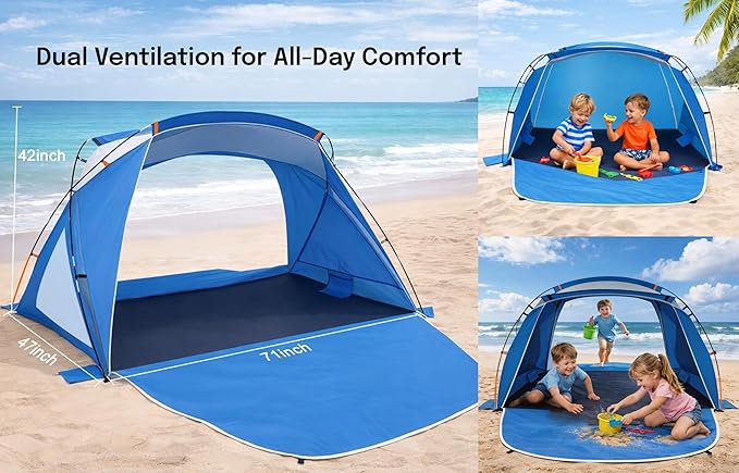 Beach Tent Sun Shelter with UPF 50+ UV Protection Dual Door Design for Better Ventilation Easy Setup Portable Beach Shade Canopy with Carrying Bag for Beach Camping Fishing and Outdoor Travel
