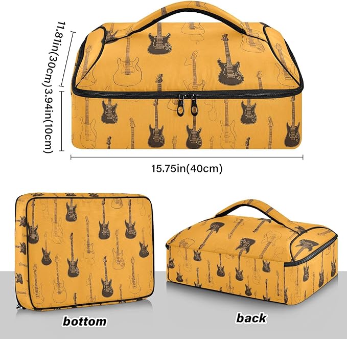 Casserole Carrier Pattern Black Electric GuitarInsulated Casserole Carrier for Hot or Cold Food Thermal Lunch Tote for Potluck Parties Picnic Beach Fits 9 x 13 Inches Baking Dish