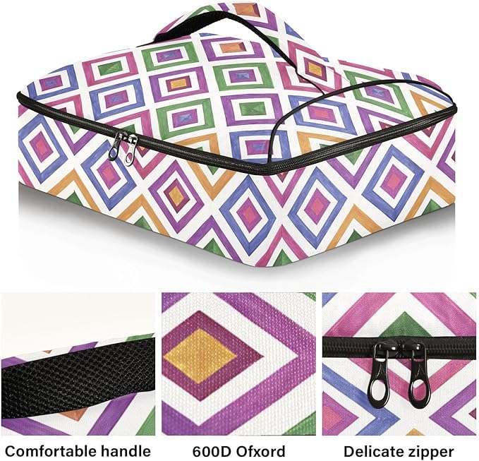 Casserole Carrier Colorful Triangles and Squares in Purple Insulated Casserole Carrier for Hot or Cold Food Thermal Lunch Tote for Parties Picnic Travel Carry Bag
