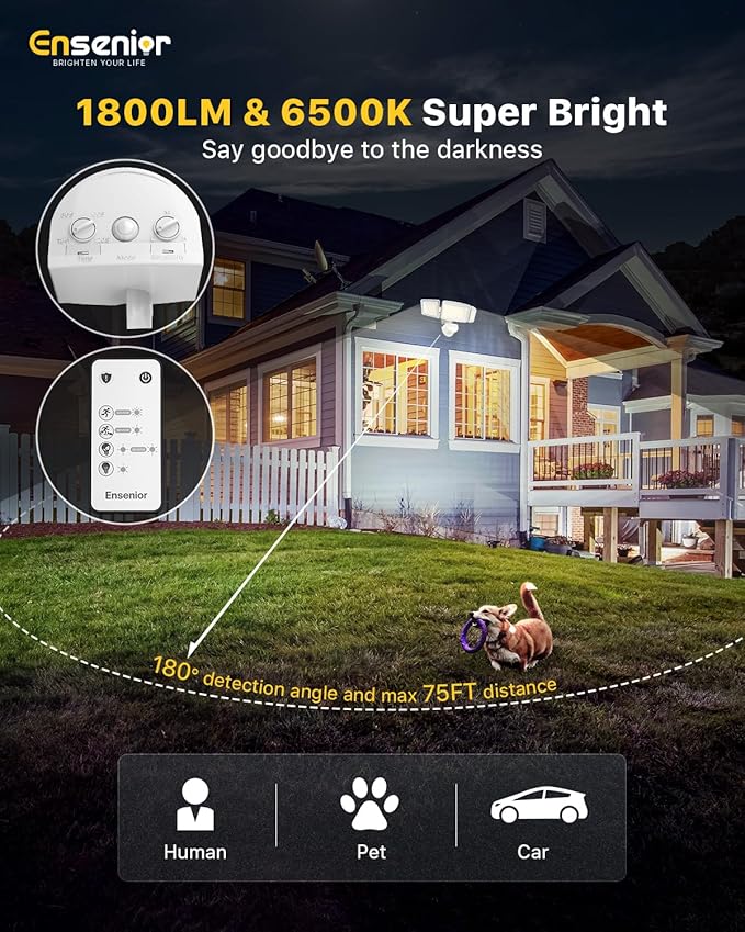 Ensenior Solar Security Lights Wide Beam Flood Light 6500K Super Bright for Driveway Backyard Garden Remote Control Motion Lights Weather-Resistant Exterior Lighting 1800LM Lumen White 2-Pack