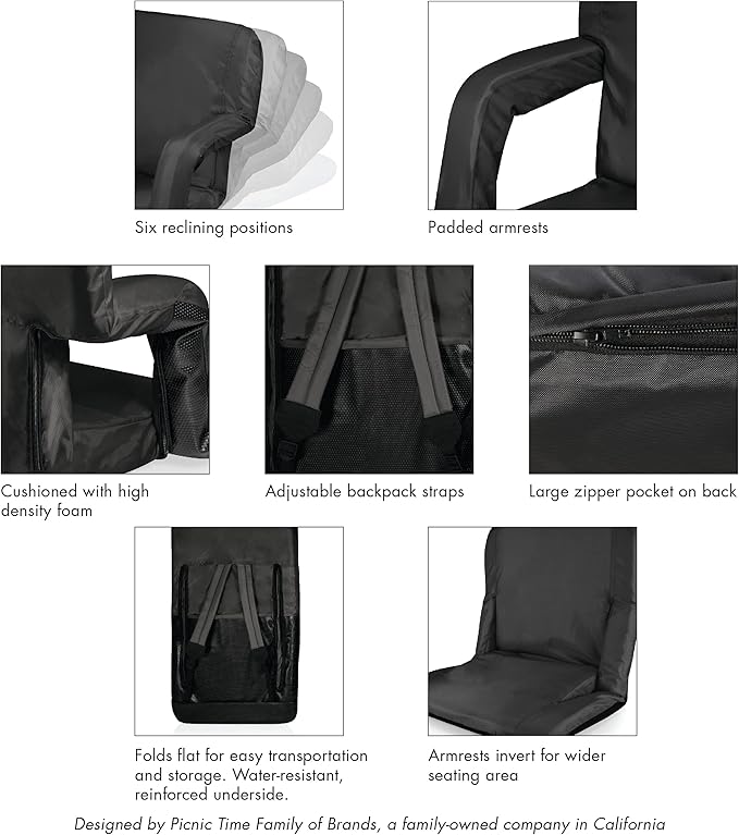 PICNIC TIME Star Wars Darth Vader Ventura Reclining Stadium Seat with Back Support Portable Bleacher Floor Beach Chair with Cushion Backpack Straps (Black)