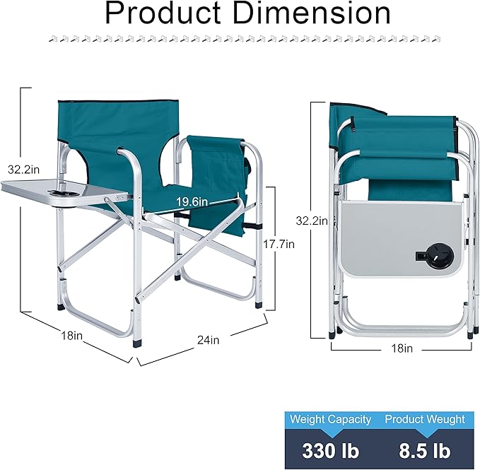 ABCCANOPY Folding Directors Chair Outdoor Camping Chair Makeup Artist Chair with Side Table &amp Pockets Lake Blue…