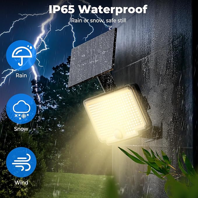 Peasur 2 Pack Solar Motion Lights Outdoor 318 LED Solar Security Light with 3 Modes IP65 Waterproof Powered Flood Lights for Outside Garden Patio Garage Yard Backyard Warm White