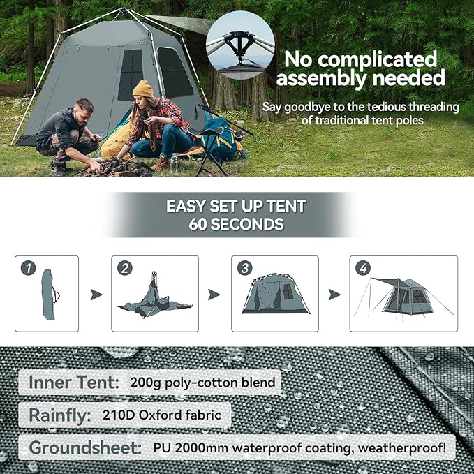 Instant Pop-Up Camping Tent with Removable Sunshade - 3-4 Person Dome Tent with UV Protection &amp Ventilation Waterproof Windproof for Beach Hiking Outdoor.