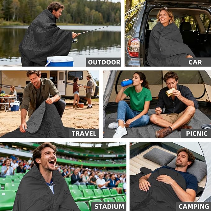 Large Outdoor Waterproof Blanket Extra Thick Fleece Stadium Blanket for Camping Car Pet Picnics - Windproof Wearable Machine Washable 80 x 58 (Black Gray)