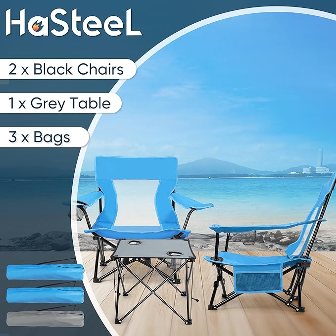 HaSteeL Folding Beach Chair Set of 3 Foldable Blue Camping Chairs &amp Grey Table for Outside Low Beach Chair Portable for Adults Fishing Picnic Outdoor BBQ Travel Sports Cup Holder &amp Stor