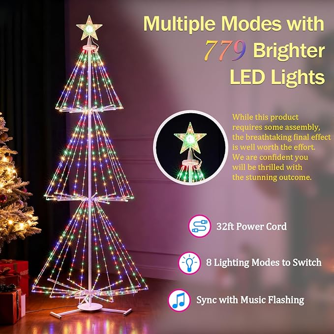 7.5FT Outdoor Christmas Tree Lights with 779LED Cone Tree Lights - Smart App Control - IP54 Waterproof for Indoor &amp Outdoor Home Christmas Party Holiday Decorations -Warm White and Multicolor