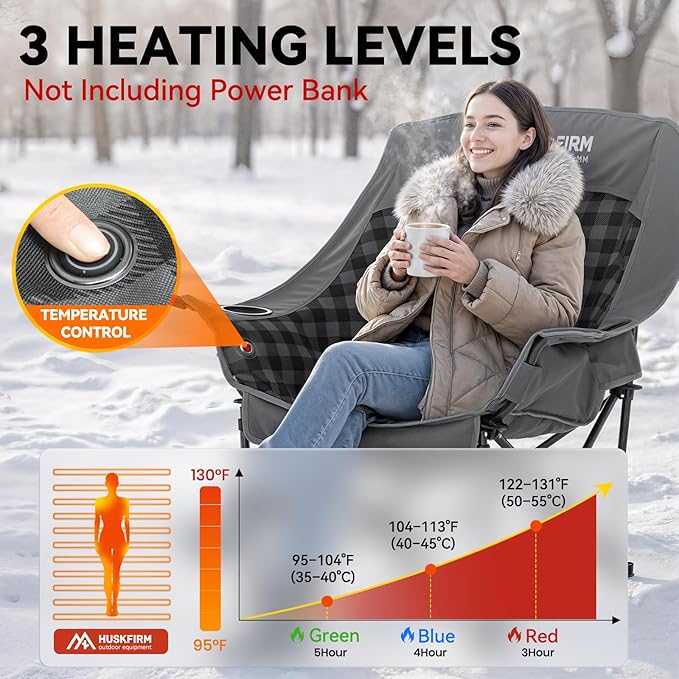 Oversized Heated Camping Chair Fully Thick Padded Camping Chair XL Camp Chair for Adults 3 Levels Adjustable Heated Camp Chair for Outdoor Use (Battery Not Included)