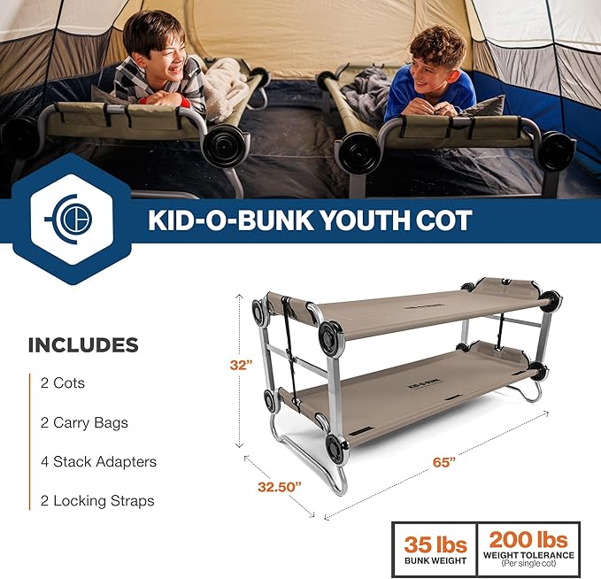 Disc-O-Bed Youth Double Cot Kid-O-Bunk Modular for Bunk Beds Dual Cots or Bench with 2 Carry Bags for Portable Transport