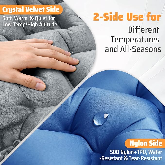 4 Thick Double-Sided Inflatable Sleeping Pad | Warm Crystal Velvet Top for Cold Weather Waterproof Nylon Bottom | All-Season Camping Mattress for Backpacking Hiking Tent &amp Car Travel