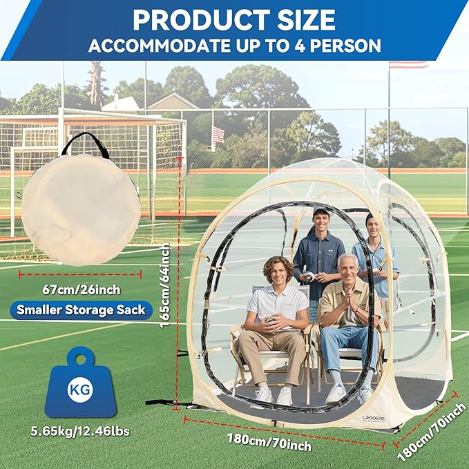 Sports Tent Pop Up Shelter - Instant Pod for All Weather 2/4/6 Person Bubble Tent with Top Cover Waterproof Clear Tent for Sports Events Camping Fishing Cheering and Other Outdoor Activities
