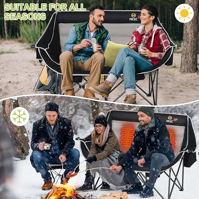 Nice C Heated Camping Chair with Battery Outdoor Heated Folding Chairs Double Padded Camping Chair for Adults Camping Couch with Cooler Bag 2 Power Banks Included (Black&ampGrey)