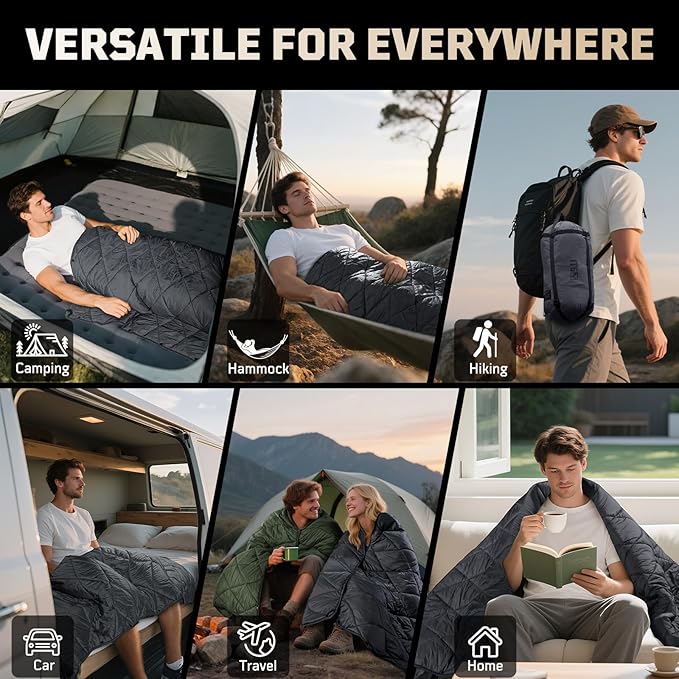 Camping Blanket - Packable Ultra Warm and Lightweight with Snap Button Backpacking Quilt Water-Resistant for Sleeping Outdoors Travel and Indoor Use - Large/Gray