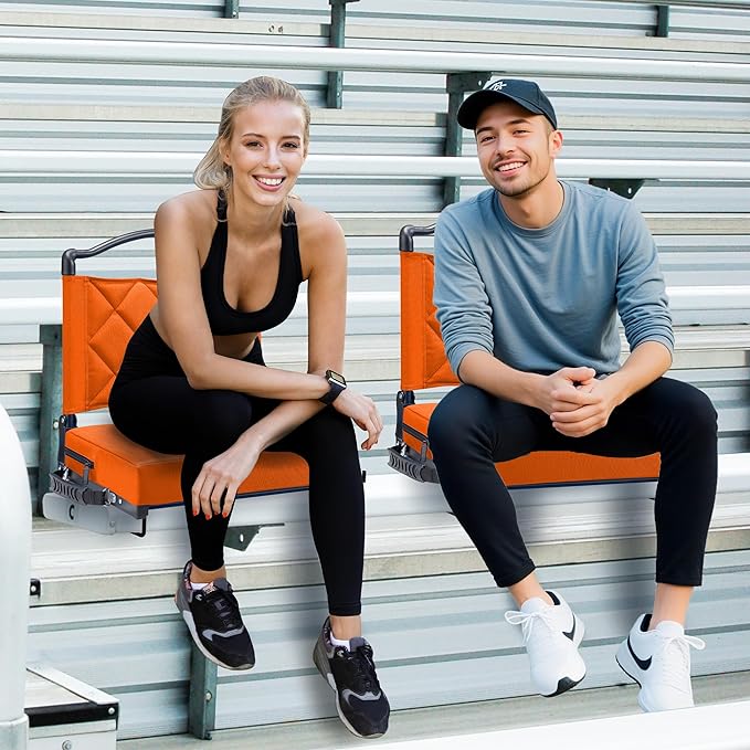 Stadium Seats with Back Support Cushion Folding Stadium Seats for Bleachers Hold up 400lbs Wide Bleacher Seat with Shoulder Strap &amp Handle Comfort for Sports Events (Orange 2pcs)