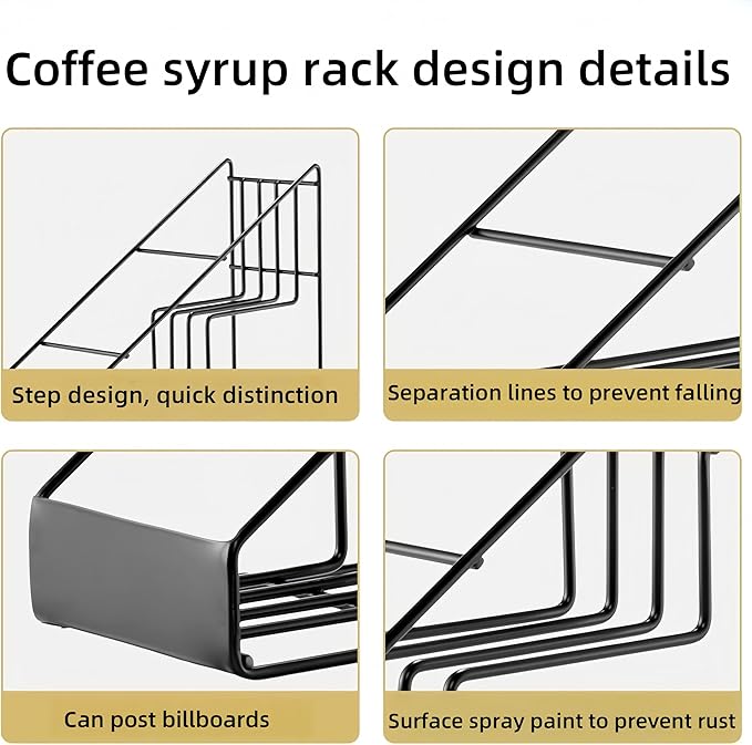 Coffee Syrup Rack &amp Syrup Holder – Loved by 5000+ Coffee Fans! Stepped Rustproof Rack Fits 750ml Torani &amp Monin Bottles Elevate Coffee Bars Kitchens Pubs Restaurants &amp Parties (4 Bot