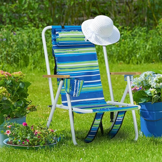 1 Pack Outdoor Beach Portable Lawn ChairPortable Lightweight Folding Chair for AdultsFolding Beach ChairPortable Backpack Foldable Camping Chairwith Cup Holderfor Patio Pool Yard Garden (Blue)