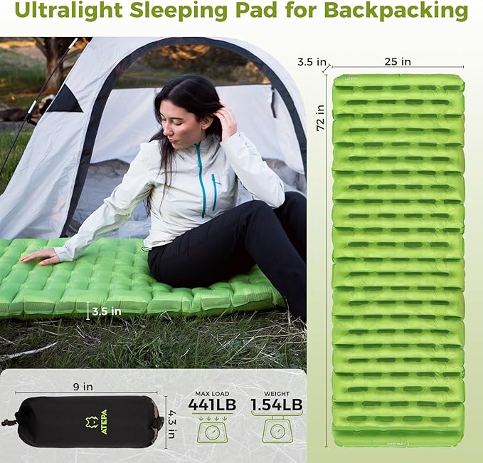 ATEPA ThermAir Backpacking Inflatable Sleeping Pad 6 R-Value Insulated Ultralight Portable Camping Pad Sleeping Mat with 7 Layers &amp Storage Bag for Camping Backpacking Tent Wide Long Size (72x2