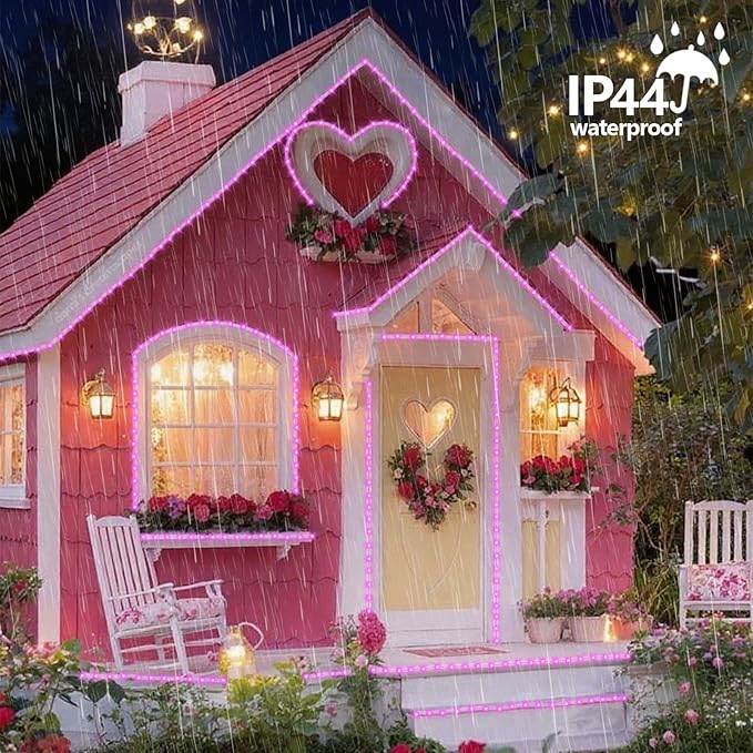 YEGUO Solar Valentine’s Day Light Outdoor Waterproof 66ft 200 LED Pink Rope Lights 8 Modes Tube Christmas String Lights in Clear Thin Tube