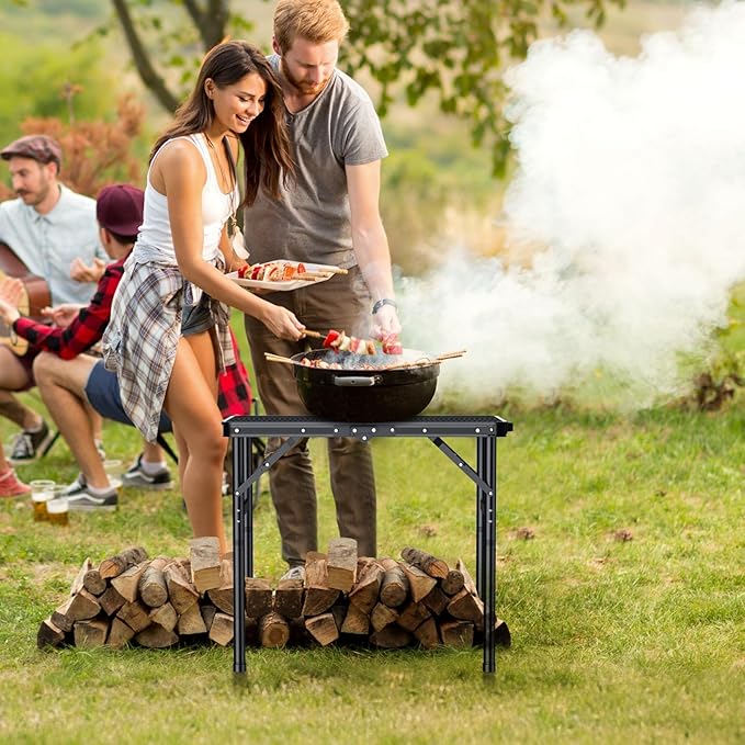 Anbte 2ft Folding Grill Table Max 29.5 3 Adjustable Height Lightweight Camping Table with Heat-Resistant Mesh Tabletop Portable Handle Waterproof for Cooking BBQ Outdoor 22.8 X 16 Black