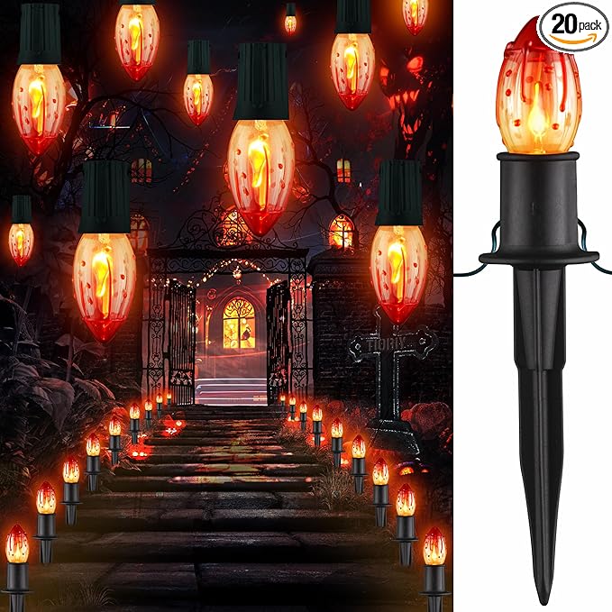 24.2ft Halloween Flame String Lights 20 Lights Halloween Decoration Waterproof Flickering Flame Lights C9 String Pathway Lights with Stakes for Indoor or Outdoor Decor Party