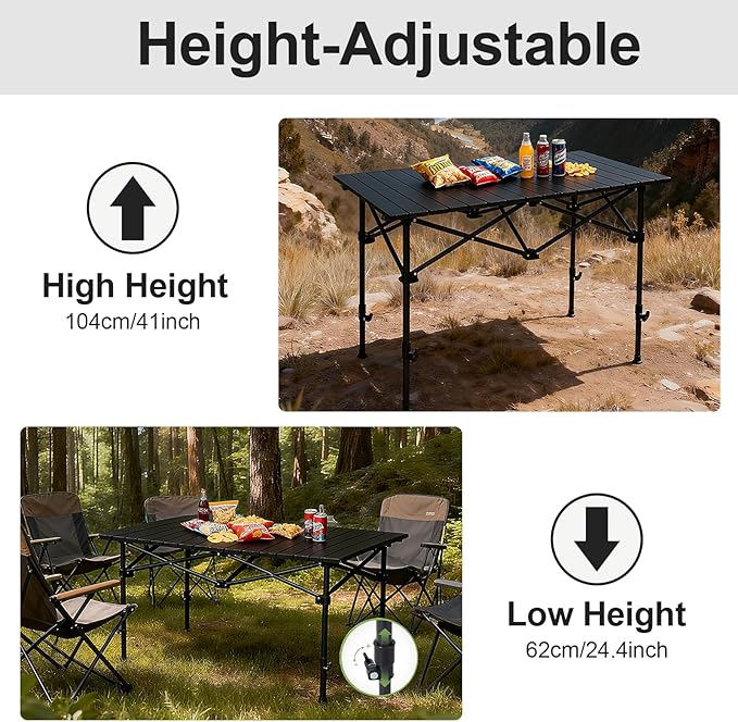 Camping Table Roll up Table4-6 Person Portable Adjustable Height Roll up Aluminum Table with Carry Bag