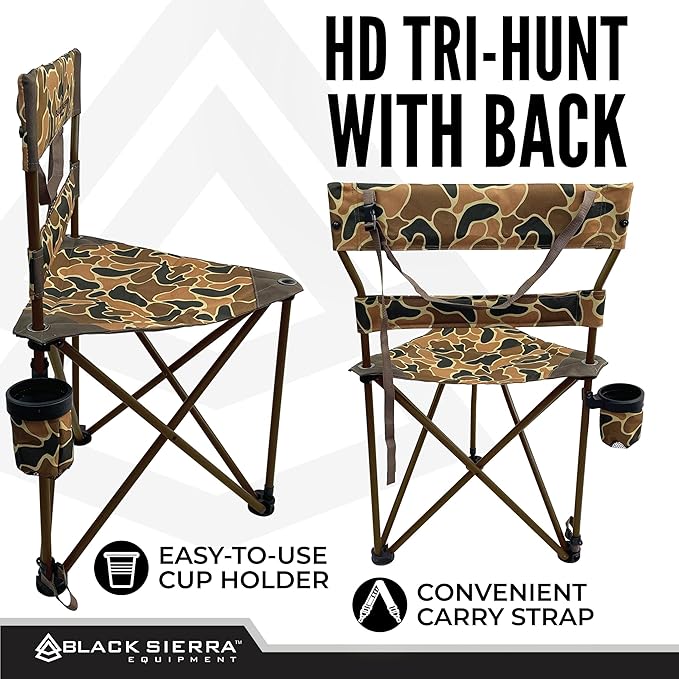 Black Sierra HD Tri-Hunt with Back Hunting Stool Foldable Tripod Seat w/Steel Frame Supports 300-lb Heavy Duty Fishing Chair Features Cup-Holder &amp Carry Shoulder Strap for Camping