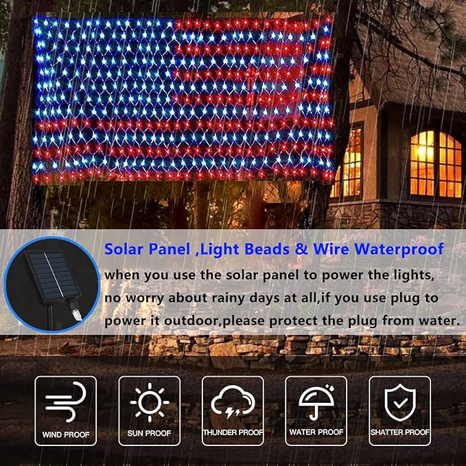 HYH American Flag Lights Outdoor Solar String Lights with 420 Super Bright LED Waterproof Flag Net Light of The United States for YardGardenFestivalHoliday4th of JulyIndependence Day Decoration