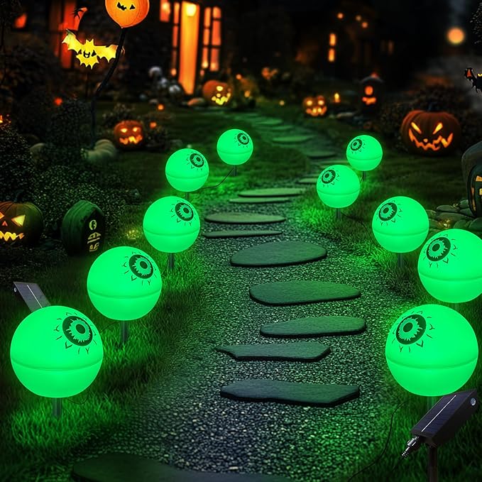 Solar Halloween Lights Waterproof Decorations 5 Pack Solar Globe Lights for Garden Decorations Outdoor Ghost Scary Eyeball Pathway Decor for Christmas Tree Garden Lawn Yard (Green&ampRed)