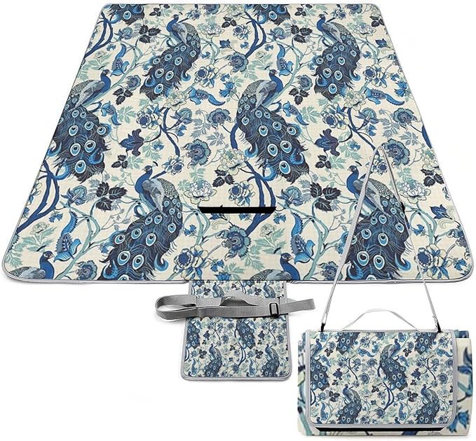 Blue and White Chinese Style Chinoiserie Folk Waterproof Outdoor Picnic Blanket Sandproof Beach Mat for Camping Hiking Grass Travelling
