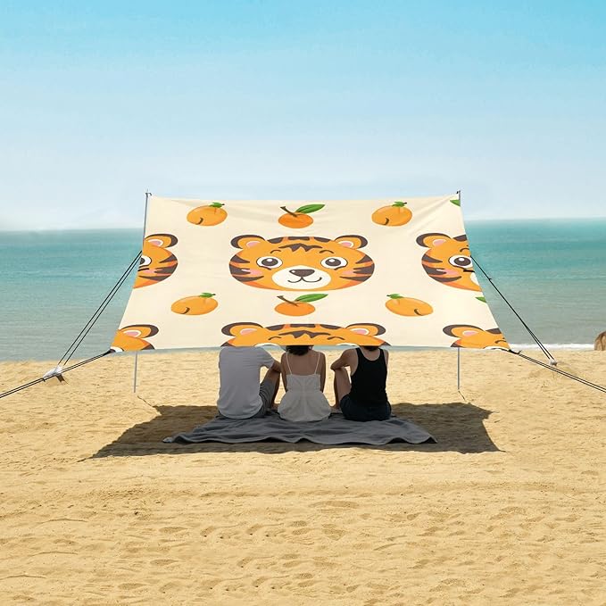 Cute Tiger Face Camping Sun Shelter Beach Tent Portable Beach Sun Shade Outdoor Canopy for Camping Trips Fishing Picnic